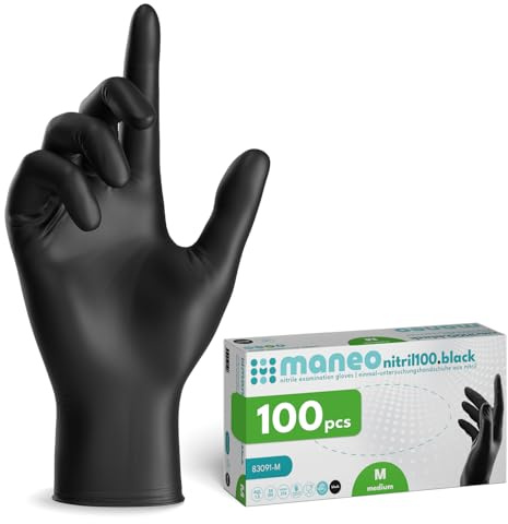 maneo 100 guantes desechables negros talla M, guantes de nitrilo sin polvo y sin látex, artículos de goma de un solo uso para limpieza, cocina y uso doméstico
