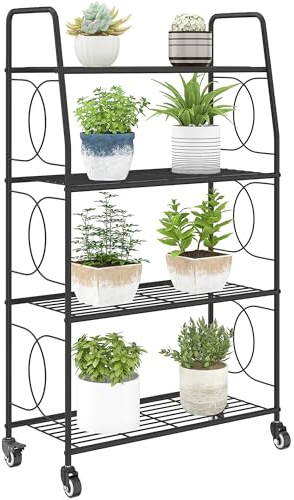 Outsunny Étagère à Fleurs en Métal 4 Niveaux avec Roues, Intérieur et Extérieur, Support de Plantes, Étagère à Plantes pour Jardin, Balcon, Salon, 67 x 29 x 114 cm, Noir