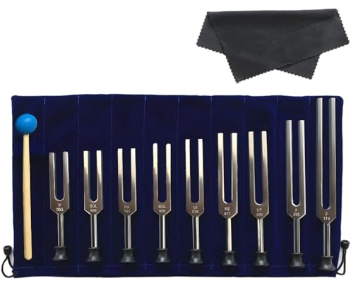 Set di 9 forcelle per accordatura Solfeggio per terapia del suono, include forchette in alluminio, mazzuolo, custodia e panno per la pulizia