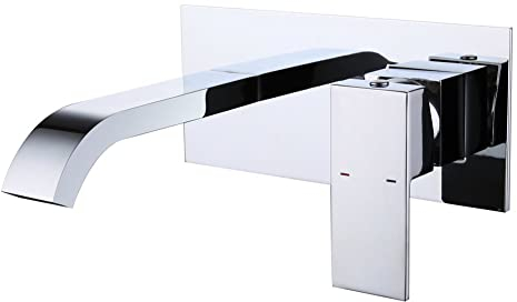 CREA Robinet Mural Lavabo, Mitigeur Encastrable Lavabo avec Grand Bec, Robinet Encastré Lavabo, Robinet Mural de Salle de Bain en Laiton, Chromé Poli