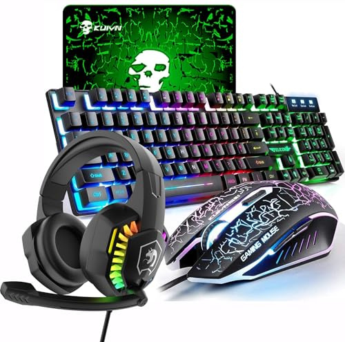 LexonElec Gaming Tangentbord & Mus och Headset & Musmatta Combo, QWERTY UK-layout 100% Mekanisk Känsla Tangentbord+PC Gamingmöss+RGB-Hörlurar, Trådbunden LED-Bakgrundsbelyst 4 i 1-Paket-Svart