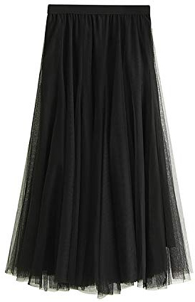 ANIMQUE Donna Estate Gonna in Tulle Lunghezza 83cm Linea A Midi Caviglia Alta Vita Elegante Elastico, Nero