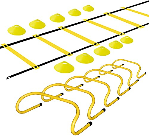 TNZMART Agility Ladder and Disc Cones Training Set Adjustable Rungs Training Ladder with 10 Plastic Sport Cones for Training (Yellow, 6 Hurdles)