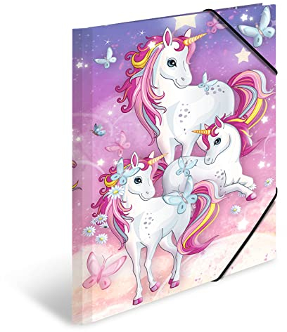 HERMA Sammelmappe A3 Einhorn, Eckspanner-Mappe aus Pappe mit Kindergarten Motiv, Gummizug, Innenklappen und Innendruck für Jungen, Mädchen und Kinder