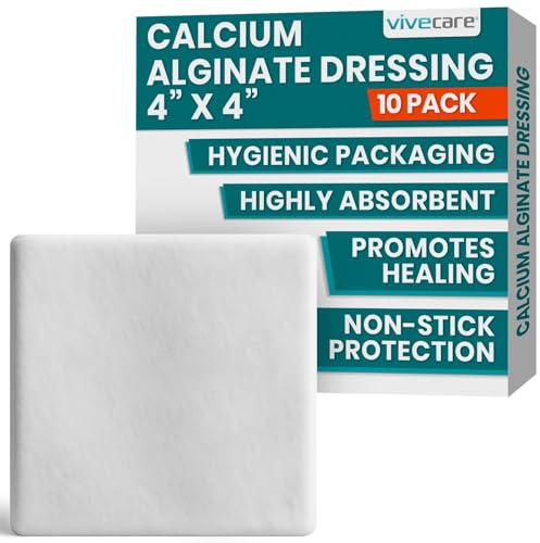ViveCare Calcium Alginate Wound Dressing 4 x 4 (10 Pack)- Individually Wrapped, Sterile Gauze Pads - Absorbent Patches for Ulcer, Bed Sore, G Tube, & Diabetic Foot - Non-Stick Burn Treatment