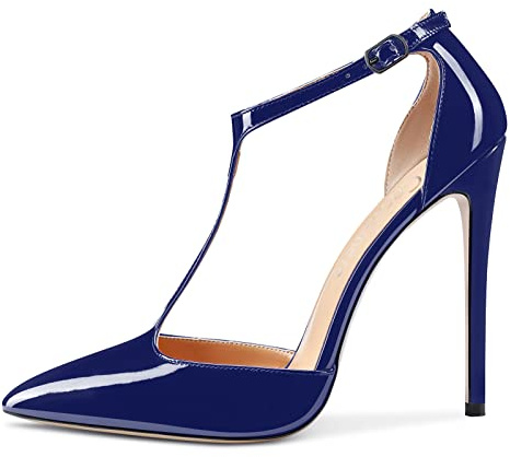 Castamere Womens High Stiletto Heel Close Pointed Toe Pumps Court Shoe T-Strap Ankle Strap Sandals Clear Dress Wedding Shoes Navy Blue Patent 6 UK