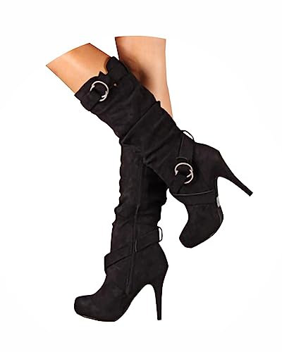 Minetom Stiefel Damen Wildleder Winterstiefel Mit Stiletto Langschaft Boots High Heel Stiefel Reißverschluss Ringschnalle Dekorative Winterschuhe A Schwarz 40 EU