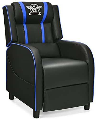 COSTWAY Gaming Chair, Adjustable Racing Style Gaming Recliner Armchair with Footrest, Headrest and Lumbar Support, Ergonomic PU Leather Office Lounge Sofa Home Theater Seating (Black+Blue)