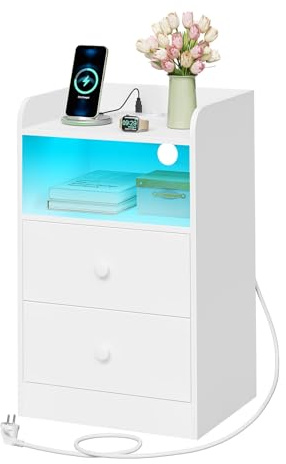 WOLTU Nachttisch mit Steckdose, Nachtschrank mit LED-Beleuchtung, weiß, 2 Schubladen und 1 offenem Fach, 40 x 35 x 64 cm, geeignet für Schlafzimmer, Wohnzimmer oder Büro, moderner Stil, NTS07ws