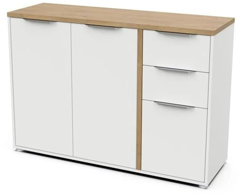Buffet Moderne 3 Portes & 2 Tiroirs – Style Scandinave – Coloris Blanc Mat & Chêne Hamilton - 121,5 x 39,6 x 85,6 cm