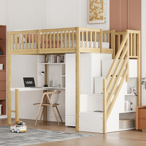 Idemon Cama Alta 90 x 200 cm Con Armario, Estante y Mesa - Estructura de Madera Multiusos Con Escaleras y Almacenamiento (Blanco+Color Natural)