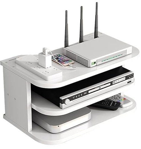 HOMION Media Shelf WiFi Router Storage Box Floating Shelves TV Set-Top Rack Sky box, Wall-Mounted Multi-Layer Cable Management Storage Rack for Wall Decoration (White, 3 Tier)