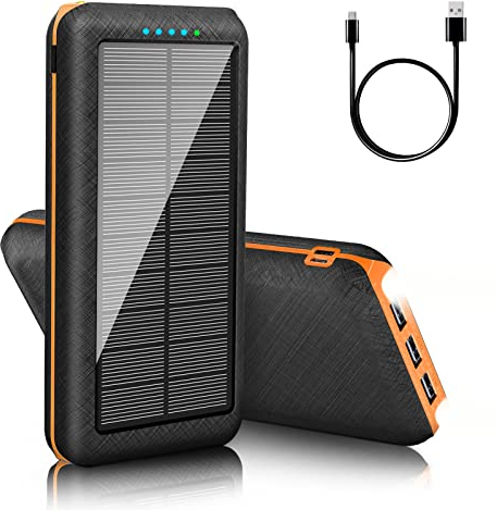 Solar Powerbank25800mAh Externer Akku: Power Bank Tragbares Ladegerät mit LED-Licht, 3 USB Ausgängen & 2 Eingängen Handy Akkupack für Camping Outdoor Kompatibel mit Phone | Android (orange)