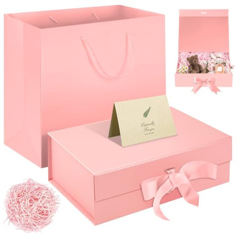 Caja de regalo magnética de lujo rosa de 32,5 x 23 x 10,5 cm, caja de embalaje grande con cinta, tarjeta de felicitación de papel triturado con bolso, fácil montaje, cajas de recuerdos de fiesta para