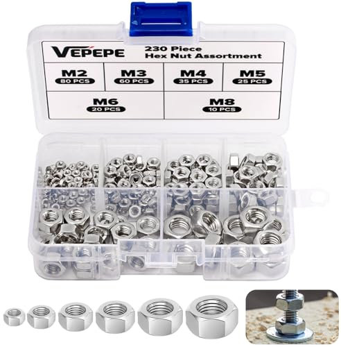 VEPEPE 230 Stück Sechskant Muttern Sortiment Set, Edelstahl Sechskantmuttern Mutter, M2 M3 M4 M5 M6 M8 Hardware Mütter Sechskant Set mit Kunststoffbox für Möbel, Fahrzeugreparatur, Maschinenindustrie