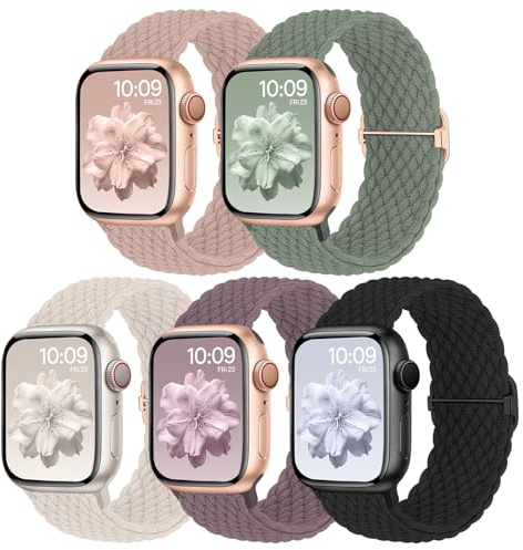 Geflochtenes Armband Kompatibel mit Apple Watch 42mm 44mm 45mm 46mm 49mm, Elastisches Nylon Stoff Band für Apple Watch 11 10 9 8 7 6 5 4 3 2 1 SE 3 SE 2 SE Ultra 3 Ultra 2 Ultra, 5 Stück