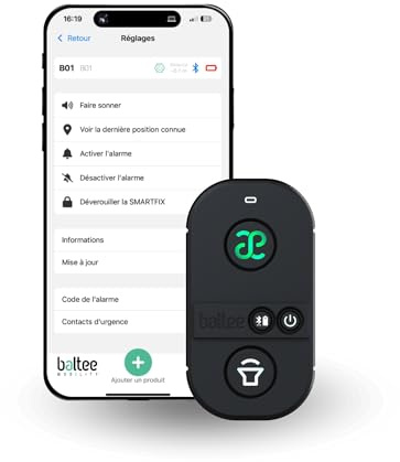 B01 by Baltee - Alarme antivol connectée pour vélo et Trottinette, Détecteur de Chute, Bouton SOS d'urgence, Avertisseur sonore Puissant - Assistant de sécurité Complet pour Cyclistes