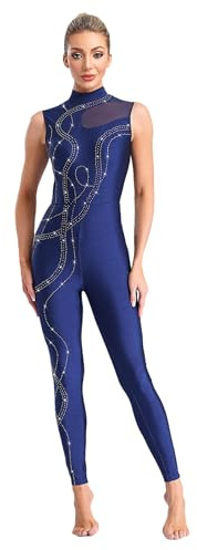 TTAO Helkroppsdräkt för kvinnor, sportig, lång gymnastikdräkt, ärmlös, gymnastik, konståkning, kostym, strass, dansbody, gymnastikdräkt, sport, joggingdräkt, Marinblå, M