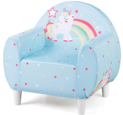 GOPLUS Sofá Infantil de Unicornio, Sillón Cómodo con Tejido Transpirable y Espuma de Alta Densidad, Silla de Lectura Acolchonada para Niños y Niñas de 3+ Años, Capacidad de Carga de 50 kg (Azul)
