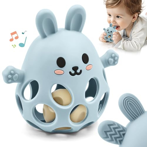 Coniglio di Pasqua Massaggia Gengive Neonati con Sonaglio, Giochi per Dentizione Bambini 0 3 6 12 Mesi Regali, Massaggiagengive Neonato Facili da Afferrare di Giocattoli per Silicone Senza BPA, Blu