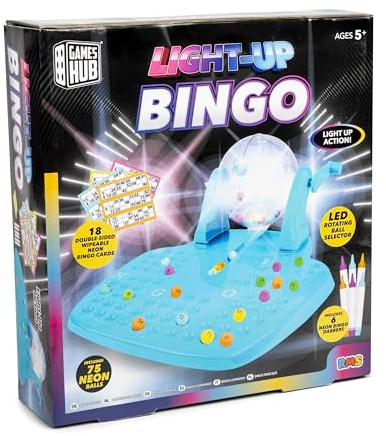 Light-Up Bingo Game Set for Kids & Adults – Includes 75 Neon Balls, LED Bingo Machine, 18 Reusable Bingo Cards & 6 Dabber Markers – Classic Family Lotto Game Machine Toy for Kids Age 5+ – Complete Set