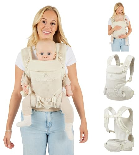 Ickle Bubba Baby Carrier 3-in-1 Ergonomic Baby Carrier (Stone) – 10 Weeks-24 Months (Up to 15 kg) Front, Back & World Facing - Breathable Adjustable Fabric, Lumbar Support, Hands Free