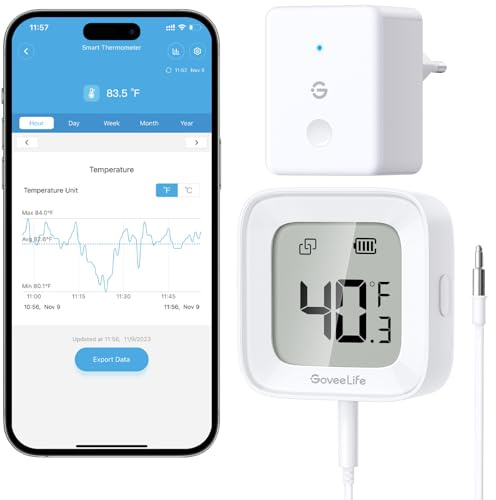 GoveeLife WLAN Kühlschrank Thermometer Digital mit Alarm, Kabellosem Funk Gefrierschrank Thermometer mit App, LCD-Display, 2 Jahre Datenexport, für Kühlschränke, Gefrierschränke, Aquarium