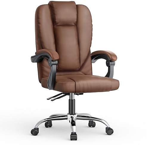 naspaluro Executive Ergonomic Office Desk Chair with Springs/Armrests, Comfy Big Tall PU Leather Computer Work Chair, Heavy Duty Cross Legged Study Chairs, High Back Home Office Swivel Brown Chair