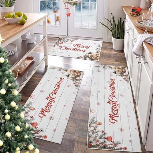 TUKDAK 3 Stück Weihnachten Küchenteppich, Vintage Waschbar rutschfest Dekoration Küchenmatten, Weiß Kurzflor Weihnacht Küchenmatte Weihnachtsteppich Läufer für Küche, Flur, Eingang Waschküche