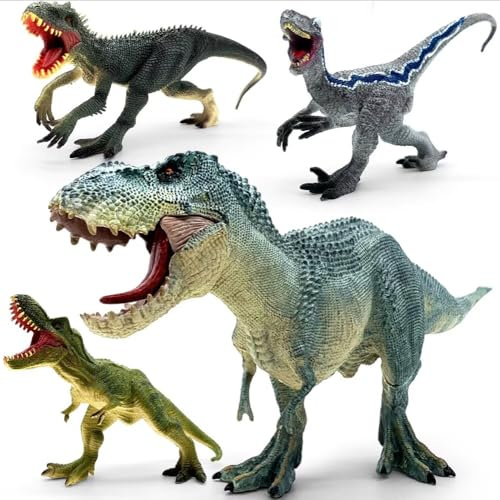 BIROHOSR 4PCS Realistic Dinosaur Figures Toys Set for Kids | Detailed textured paintwork, movable open‑close mouths, sturdy build, multiple dino species