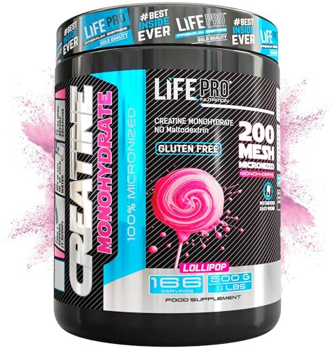 Life Pro Creatina Monohidratada 200 Mesh Micronizada, Creatina Polvo con 99.9% Pureza, Aumenta Resistencia y Fuerza, Absorción Rápida, Entrenamiento y Rendimiento Deportivo (500g, Lollipop)