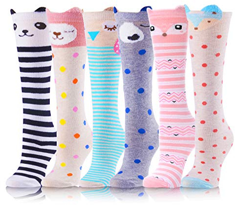 ANTSANG Kids Girls Knee High Socks Long Boot Crazy Silly Fun Gift Cute Tall Animal Socks for Child 6 Pairs Stocking Stuffers Gifts for 10 Year Old Girls Birthday Gifts Ideas(Fun Animal)