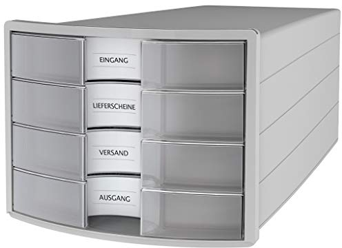 HAN Schubladenbox IMPULS 2.0 mit 4 geschlossenen Schubladen für DIN A4/C4 inkl. Beschriftungsschilder, Auszugsperre, möbelschonende Gummifüße, premium Qualität, 1012-63, lichtgrau/transluzent-klar