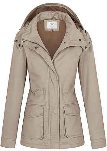 WenVen Veste Femme mi Saison Parka Grande Taille avec Capuche Amovible Veste Militaire Coupe Ajustée Veste Classique Automne Hiver Manteau Trench Coat Manteau en Coton Kaki M