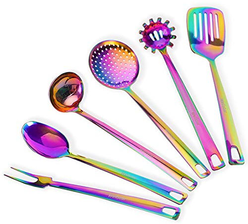 WELLSTAR Köksredskap set, köksredskapsset 6 stycken köksredskapsset, rostfritt stål regnbågsköksredskap, non-stick värmebeständigt rostfritt stål set