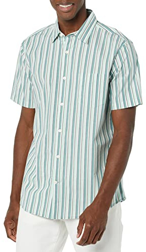 Amazon Essentials Men's Short-Sleeve Stretch Poplin Shirt (Available in Big & Tall), Light Blue Stripes, L