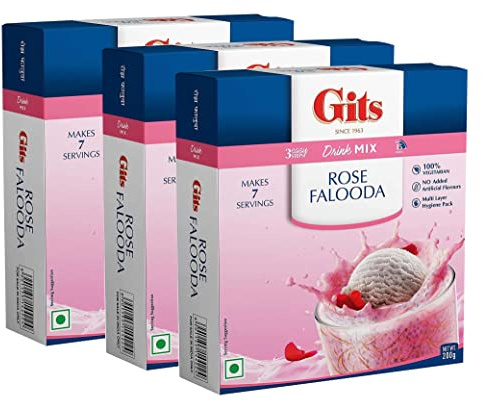 Gits Falooda Mix Rose Drink Mix 200g - Delicious Beverage-Cum-Dessert with Vermicelli, Sweet Basil (Sabja Seeds) and Rose Flavour - Ready in 3 Easy Steps Drink Mix – Makes 7 Servings (Pack of 3)