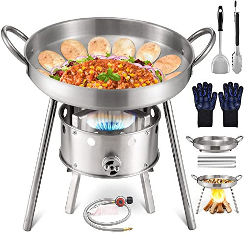 AOSION - Ensemble de 3 pieds en acier inoxydable robuste avec brûleur au propane, grande poêle à frire d'extérieur de style mexicain, idéale pour la cuisine dans le jardin et en plein air.