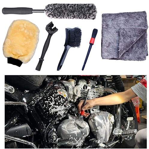 oesee Motorcykel rengöringssats 6-pack design för krom, ylleborste, ulltvättvante för däck och kedjeborste, detaljborste och ultrapostysk handduk för motorcykel och cykel krommålad, fälgar, avgaser,