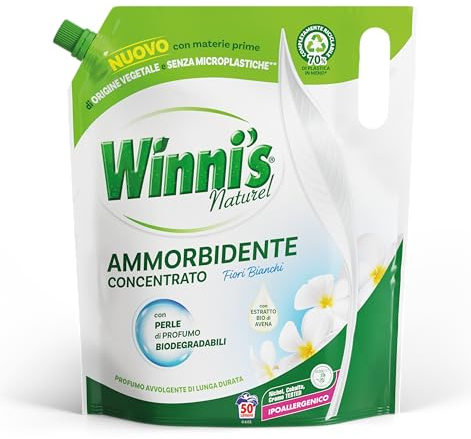 Winni's - Ammorbidente Lavatrice Ipoallergenico Concentrato Ecoformato, 50 Lavaggi, Fragranza Fiori Bianchi, Con Perle di Profumo Biodegradabili, 1250 ml