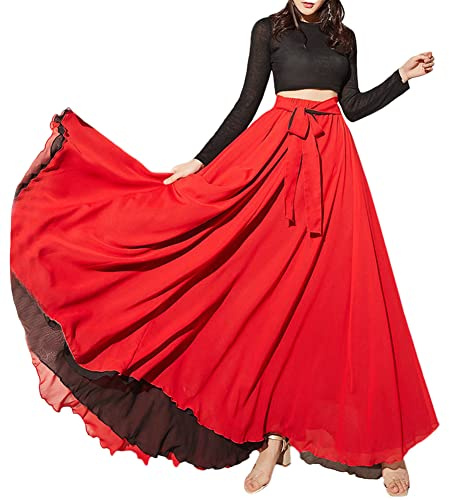 Donna Gonna Lunga in Chiffon a Doppia Faccia Gonna Danza del Ventre Danza Orientale Grande Swing Maxi Gonna Svasata Flamenco Tango Spettacolo Costume Gonne da Ballo Moderno con Cravatta in Vita A M