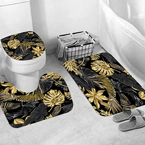JIFOME Badteppich 3 Stück Weiche saugfähige Badematten,Gold und Schwarze Tropische Blätter auf dunklem Hintergrund,rutschfeste Badematte Teppiche & Toilettendeckelabdeckung Set Waschbar