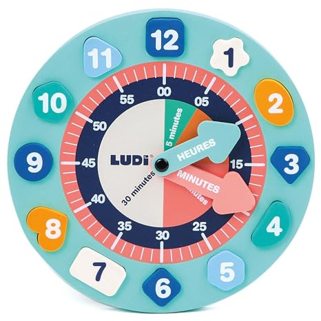 Ludi Pedagogisk skumklocka - för att lära sig timmen genom att ha kul - från 3 år - fingerfärdighet och reflektion - 2 rörliga visare och 12 avtagbara siffror - olika former och färger - 22 cm