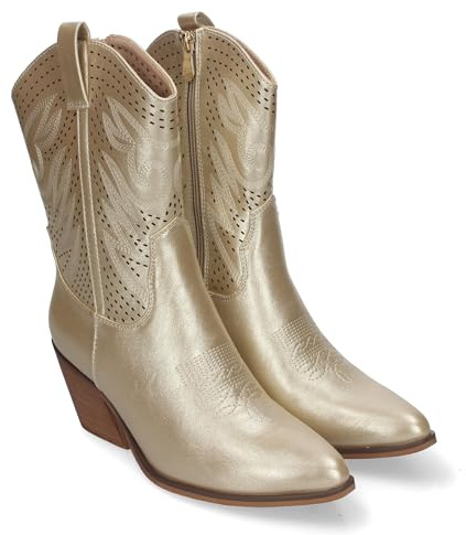 83916 Botin de Tacon Campero para Mujer, Estilo Vaquero, Elegantes, con Bordados en Pala y Cana, Punta Afilada y Practico Cierre Lateral de Cremallera. Oro Talla 38