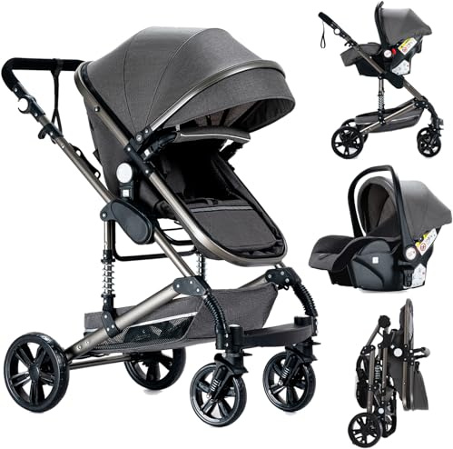 Reenborn Trio barnvagn, 3-i-1 barnvagn med två vändbara sätt att trycka, trekant med ram aluminium landskapsarkitektur, trekant för barn med vikbar design i ett klick (739 grå)