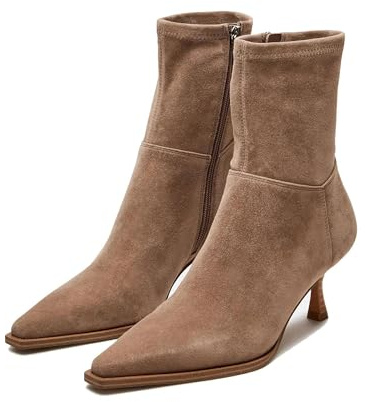 Atsroel Women's Brown Suede Autumn Winter Boots, Ankle-High, Side Zip, Pointed Toe, Mid Calf, Kitten Heel, 5.5 US