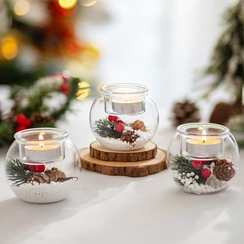 Glasseam Christmas Candle Holder Glass: Set of 3 Tea Light Candle Holders Decorative Christmas Tea Light Holders with Red Berry and Snow Pinecone Votive Candle Holder for Table Centrepieces Party Gift