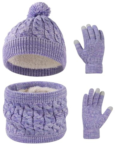 Waylipun Invierno Conjunto de Guantes de Bufanda de Gorro para Niños, Forro de Lana Niña Invierno Calentar Gorro Bufanda Sombrero Bufandas Guantes Tactiles Set para Niños Niñas 3-10 Años (Morado)
