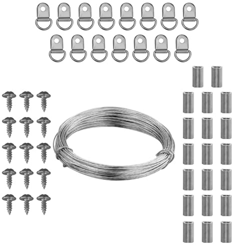 2 mm x 10 m de fil de suspension en acier inoxydable pour accrocher des photos avec 20 tubes à sertir, 15 crochets de suspension en D et vis