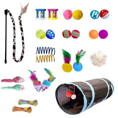JWPET 25 Pcs Interactive Cat Toys Set - Engaging Tunnel, Teasing Mouse, Feather Wand, Spring Toys & Balls for Indoor Cats - Perfect for Kittens & Adult Cats